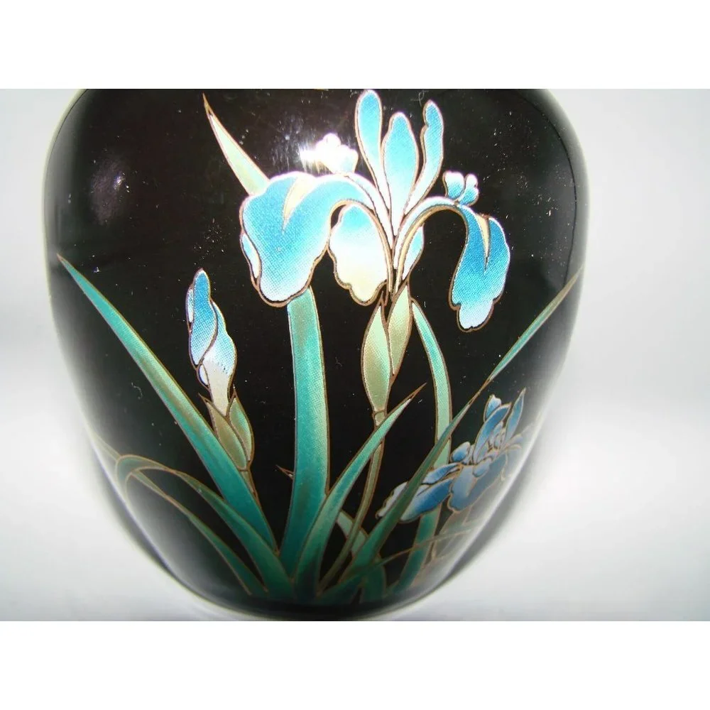 San Francisco Black Onyx Trinket Jar Vase Floral Hand Painted Decorative Flower